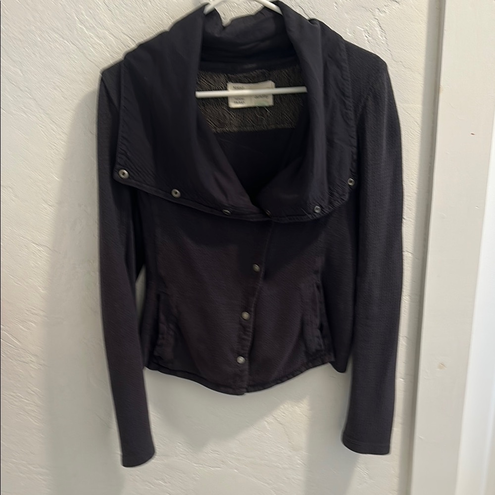 Anthropologie Navy Jacket with Tailored Silhouette and snap front slouchy collar